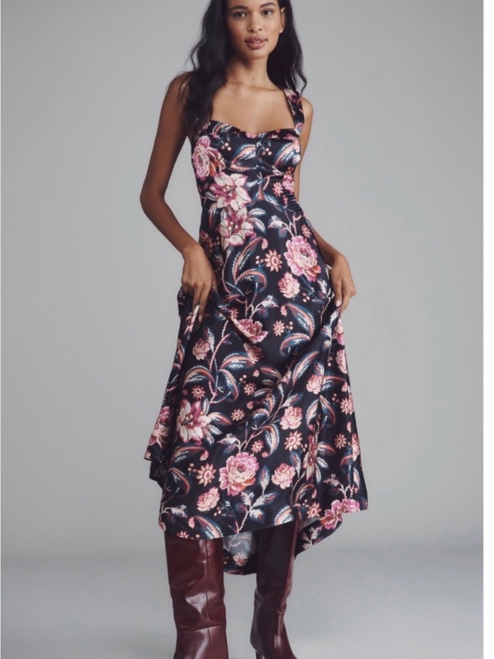 Anthropologie Maeve Jocelyn Floral Slip Midi
Dress Black Pink Wedding Guest M